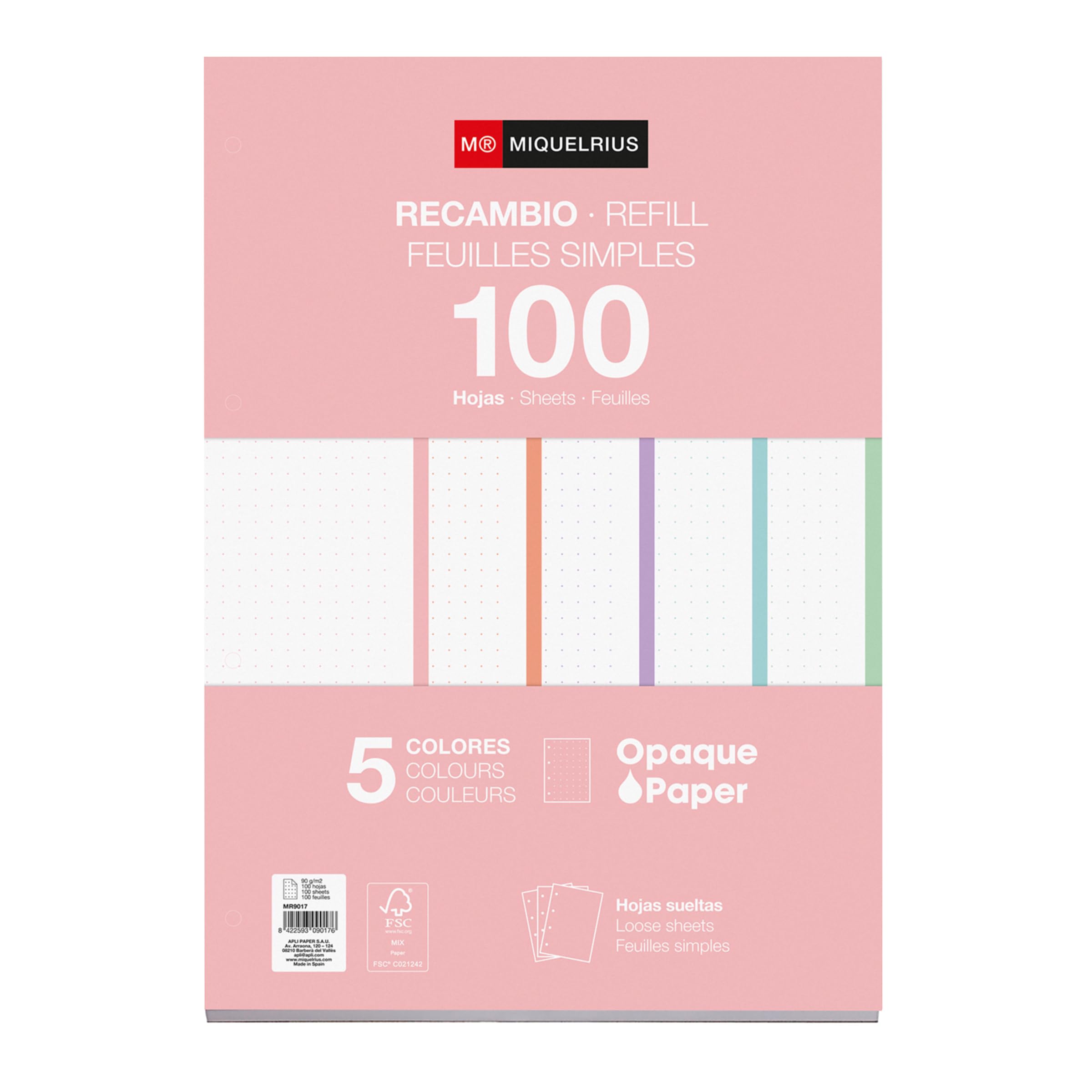 Miquelrius - Refill pad, 100 Dotted Loose Sheets, Opaque Paper 90 g/m², Refill A4 Perforated Sheets for Ring Binders or Binders, School Supplies, 5 Colours