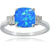 Ice Gems Sterling Silver Created Blue Opal and Cushion-cut Ring