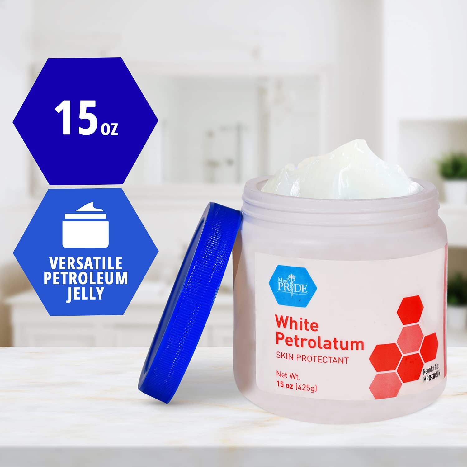 MED PRIDE Pure White Petroleum Jelly 15oz Skin Protectant & Moisturizer for Dry Skin, Chapped Lips, Diaper Rash, 100% White Petrolatum