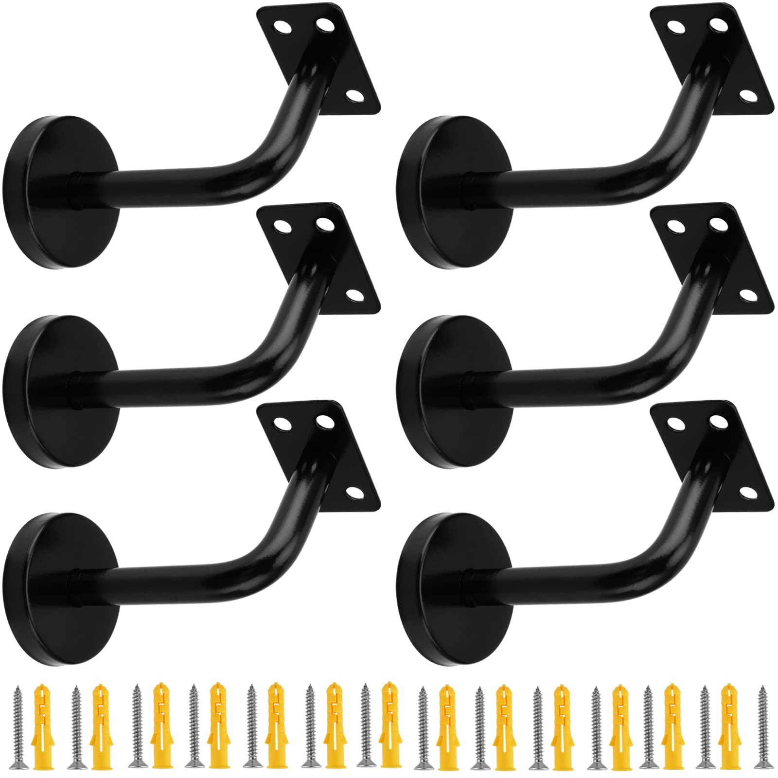 JEUIHAU 6 PCS Matt Black Handrail Brackets, Stainless Steel Wall Mounted Bannister Stair Rail Satin Chrome Support for Banister Rail, Wooden Stand, Screws Expansion Tubes Included