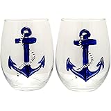 2 Blue Anchor Stemless Hand Painted Wine Glasses