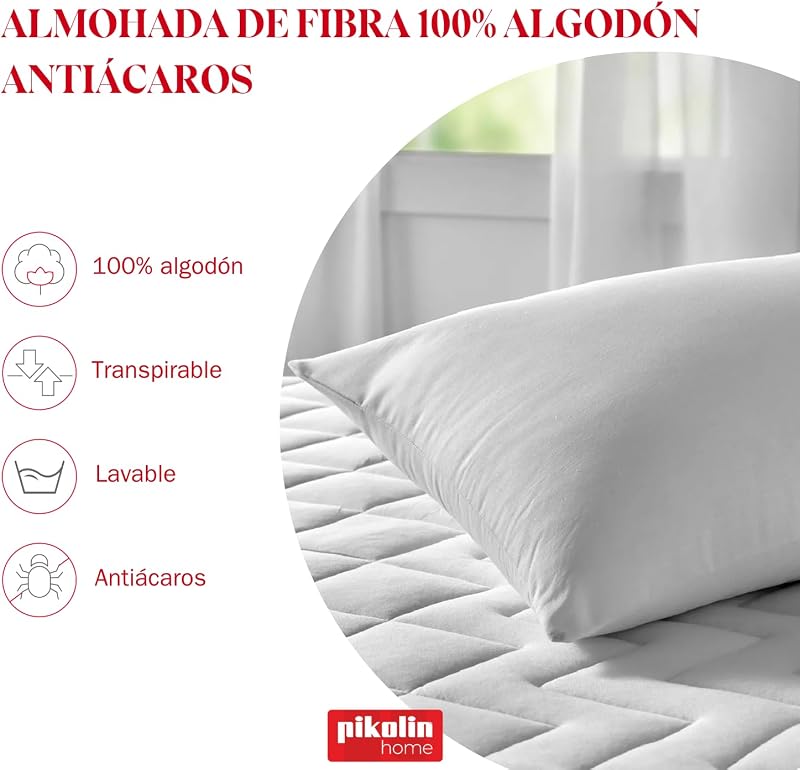 Home - Pack 2 Almohadas de Fibra Hipoalergénica - Funda Exterior de Algodón con Tratamiento Antiácaros - Firmeza Baja, Dormir Boca Abajo, 60 cm, 60 x 40 cm
