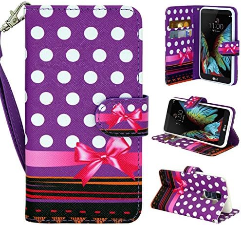 LG K10, Customerfirst Wallet Case, Wrist Strap Flip Folio [Kickstand Feature] Pu Leather Wallet Case With Card Slot For K10 Free Emoji keychain (Purple Dot)