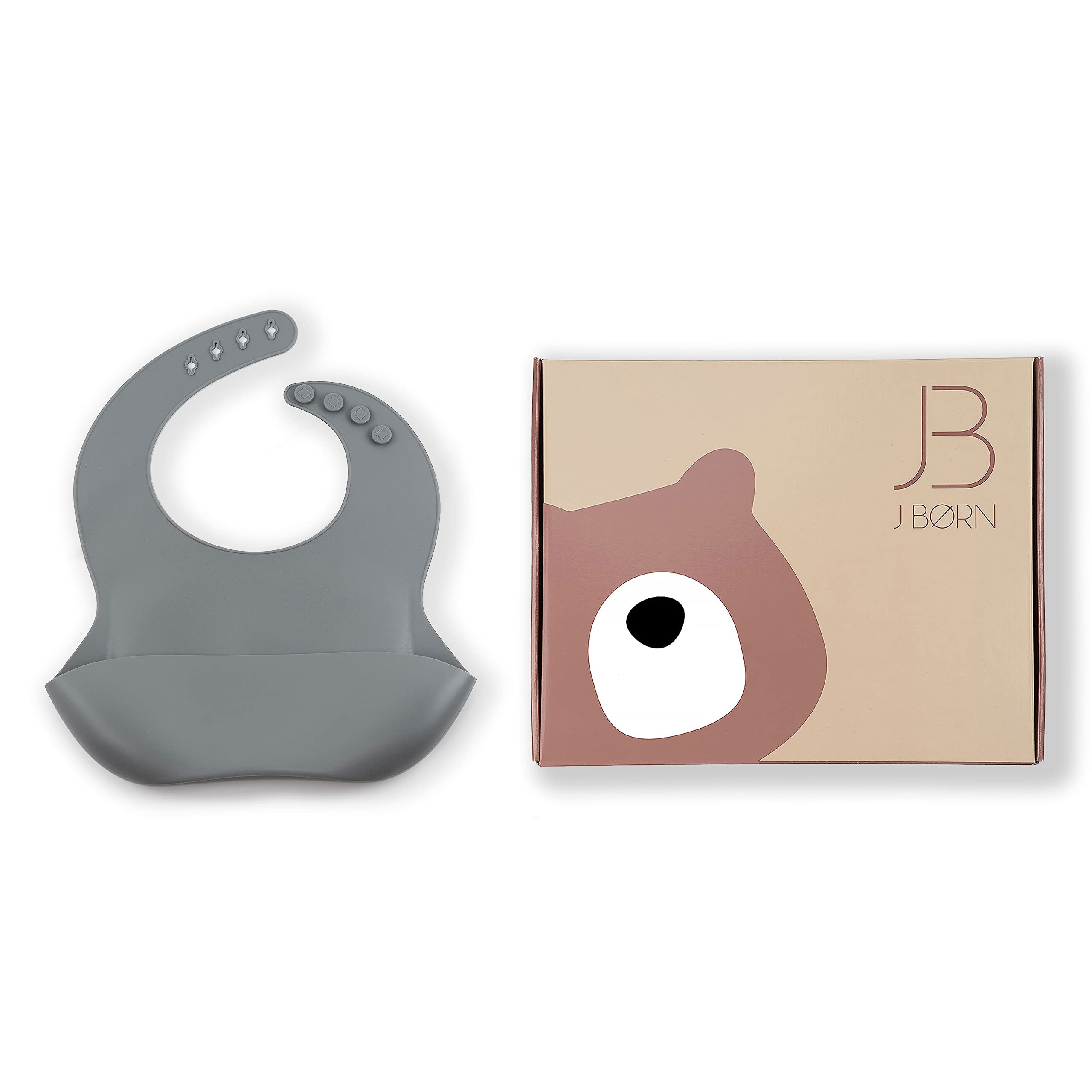 J.Børn Silicone Baby Feeding Bibs | Toddler Soft Silicone Bib | Waterproof Baby Bibs | Easy To Clean Baby Weaning Bib | 4 Adjustable Sizes with Deep Front Pockets For Babies (Smoke)