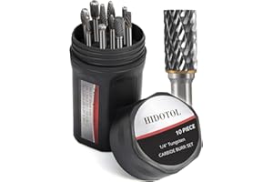 HIDOTOL Carbide Burr Set 1/4" Shank 10PC Tungsten Double Cut Carbide Rotary Burr Set for Metal and Wood Carving, Grinding, Polishing, Engraving, Drilling in Sturdy Round Case.