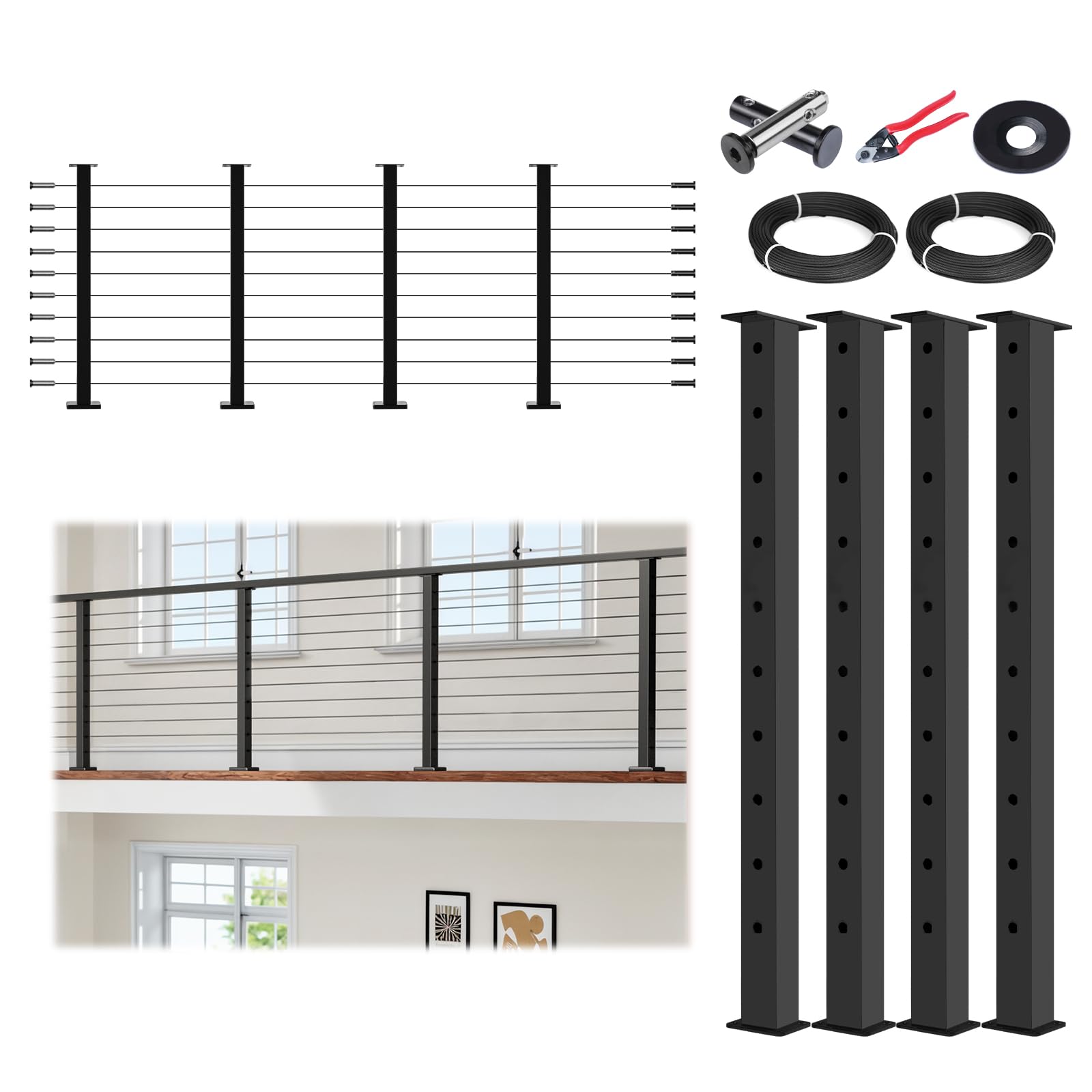 Photo 1 of *MISSING PARTS* 15-20FT Modular Cable Railing Kit 36 Inch Black Cable Railing System with 4 Level Posts DIY Adjustable-Length Complete Set for Decks Easy Installation Includes Paper User Guide (No Handrail) HU01