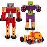 ArtCreativity Wooden Toy Robots 3 Pack | Colorful 5.75 Inch Transforming Action Figures and STEM Blocks for Kids | Educational Puzzle Toys for Cognitive Play and Motor Skill Development