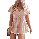 JayGate Womens Short Sleeve V Neck Blouse Button Down Shirt Loose Casual Ruffle Hem Babydoll Peplum Tops