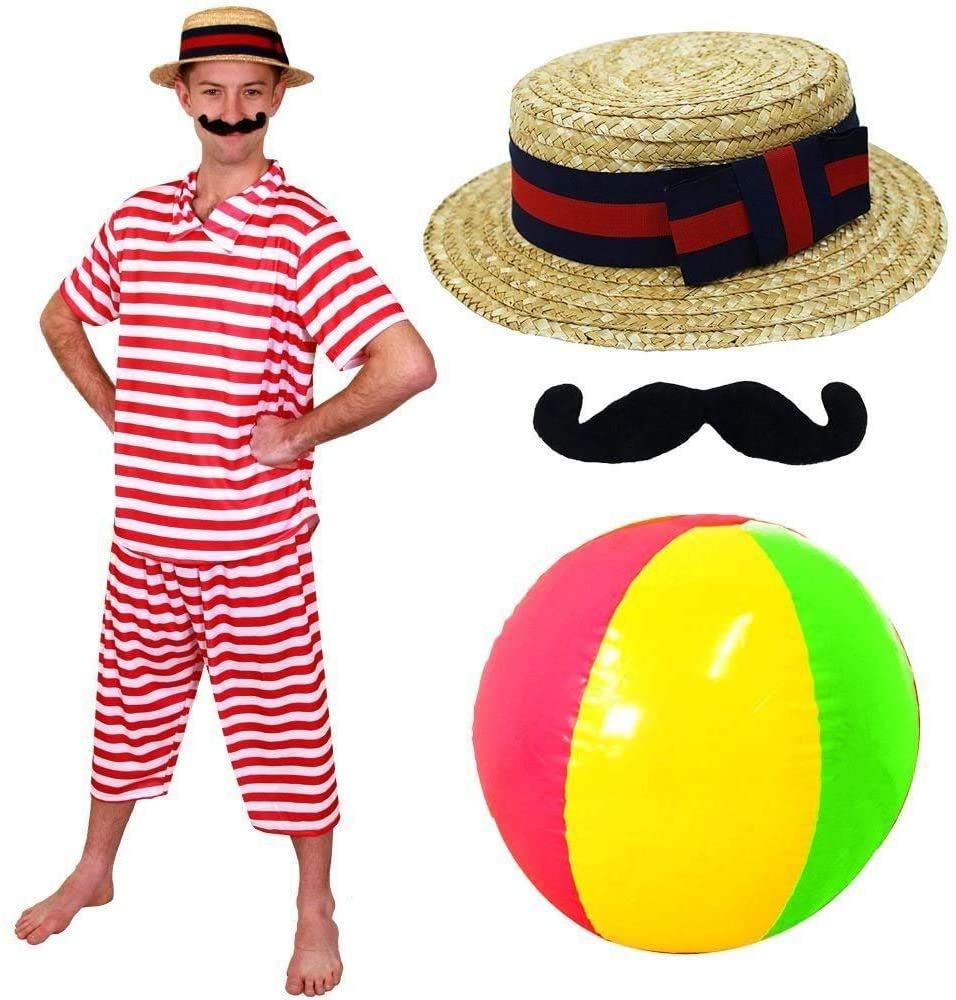 Victorian Bathing Suit - Mens 1920S Swimming Costume with Straw Boater and Tash - Summer Fancy Dress (Small) Red