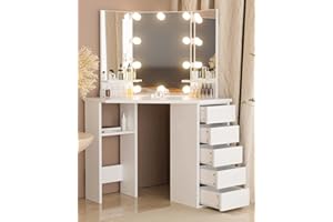 Likein Corner Vanity, Makeup Vanity Desk with Lights, Bedroom White Vanity with Lighted Mirror, Makeup Table with Drawers and Mirror for Women Girls, 3 Lighting Modes Brightness Adjustable