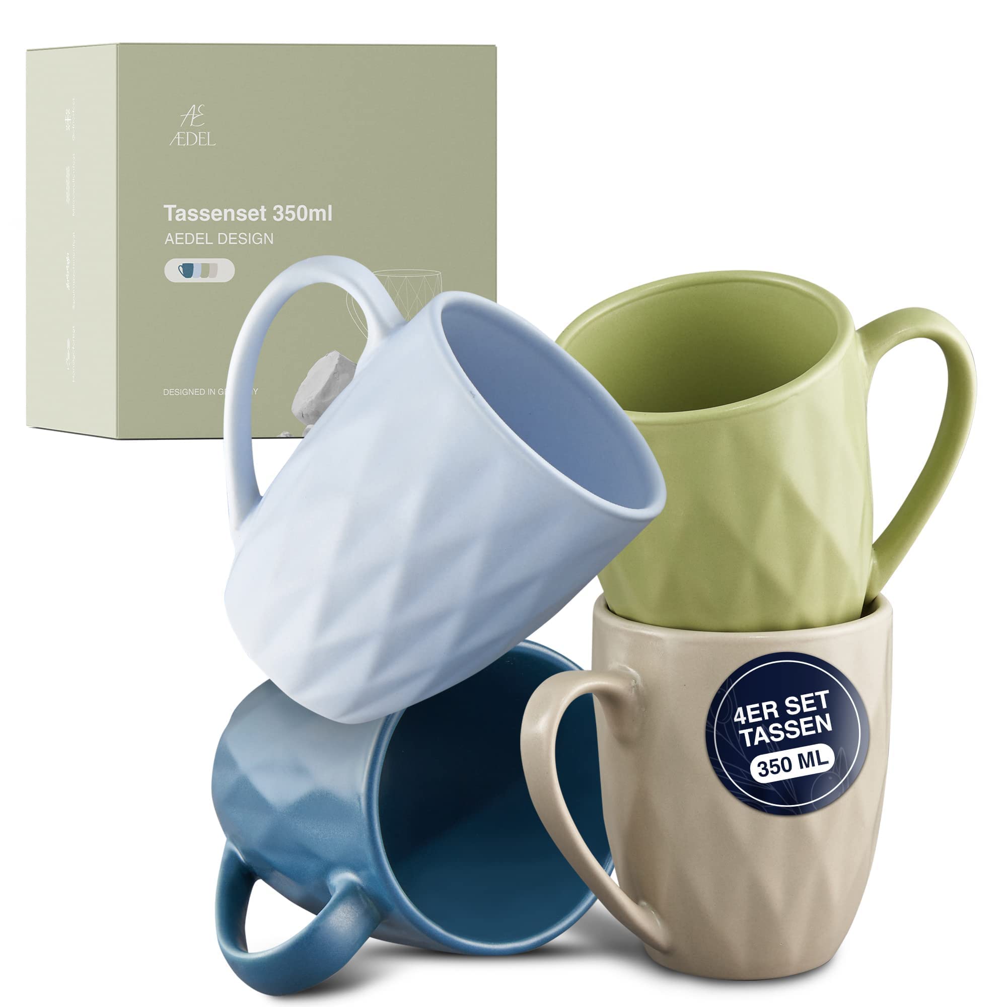 AEDEL Design Cups Set - 4 Coffee Cups [4 x 350 ml] | 4 Ceramic Mugs in 4 Colours - Ideal for Your Own Kitchen | Coffee Cups Set Modern & Unique | Handmade Tea Cups Set - Large Cup