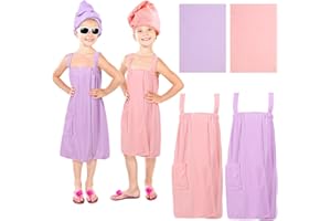 SmoothNovelty 2 Sets Girls Towel Wrap Hair Towel Wrap for Kids with Soft Bath Body Dress Cute Adjustable Bathrobe with Turbans for 3.9-4.9 ft Kids Girls Wet Hair Rapid Drying(Classic Style)