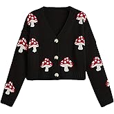 CORIRESHA Women's Cute Mushroom Cardigan Sweater Button Long Sleeve V Neck Knit Crop Outwear