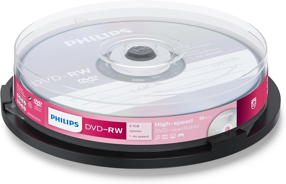 Philips DVD-RW 4.7GB Data 120 Min Video 4x Speed 10 Pack Spindle