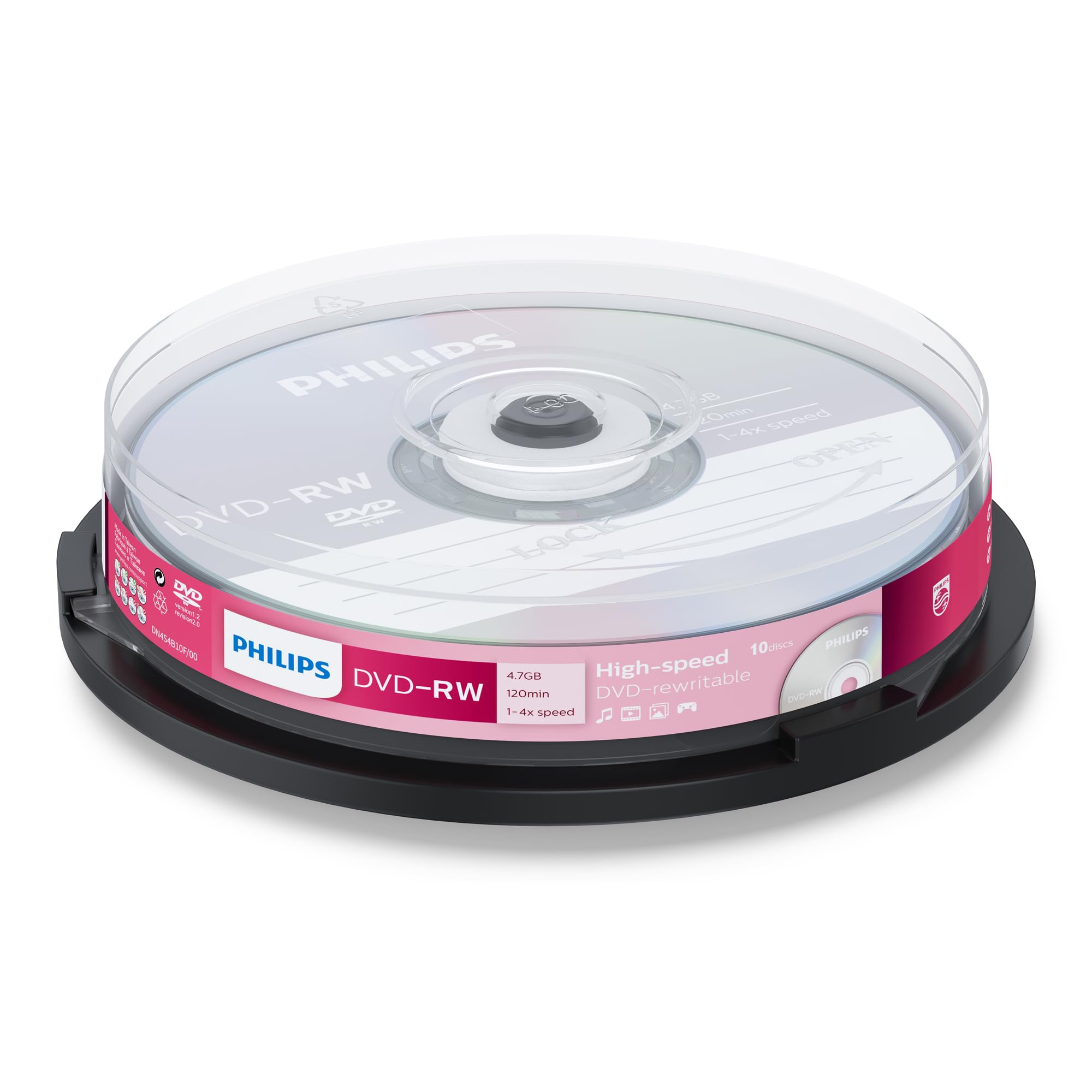 Philips DVD-RW 4.7GB Data/120 Min Video, 4x Speed Recording 10per Spindel - Packaging May Vary