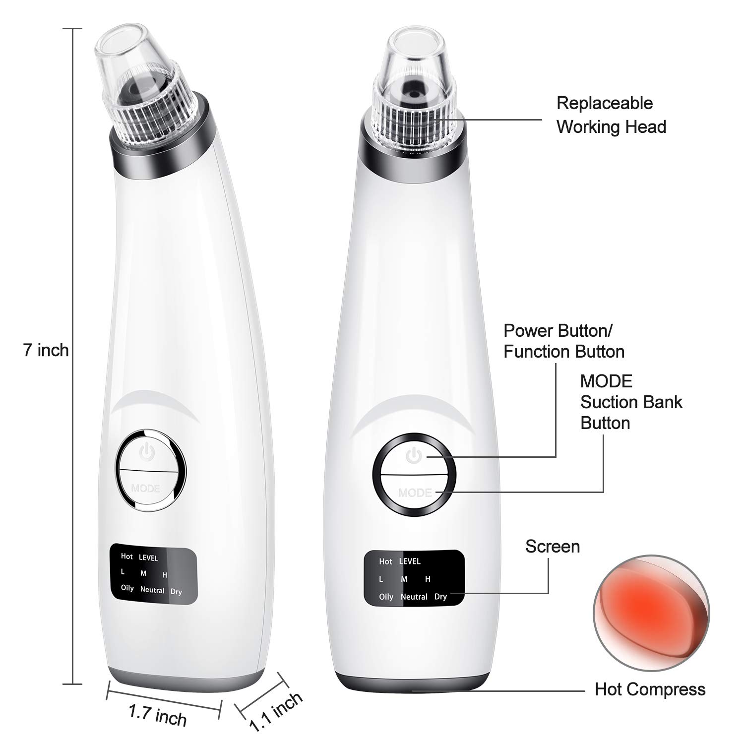 Blackhead Remover Pore Vacuum - JEXCULL Electric Blackhead Removal Tool Acne Extractor Facial Cleaner Suction Tools Kit for Women Men USB Rechargeable LED Display with 5 Suction Probes(Silvery white): Beauty