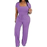 PINSV Women's 2 Piece Outfits Lounge Short Sleeve Tops High Waisted Wide Leg Pants Tracksuit Sets