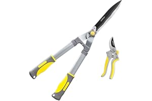 Jardineer 2Pcs Professional Garden Shears �C 23.6'' Heavy Duty Hedge Shears & 8.3'' Cut Easy Hand Pruner, Sharp Blades Ergonom