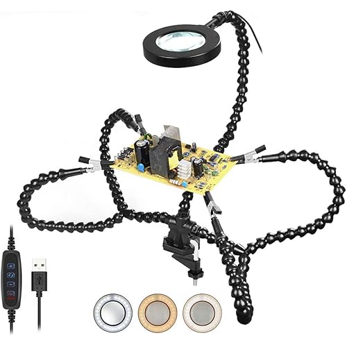 Helping Hands with Lamp, Soldering Third Hand PCB Holder with 4 Flexible Arms and USB 3 Adjustable Light Settings Magnifying Lamp for Soldering, (SN5BK-USB)