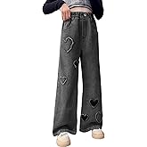 AOWKULAE Girls Jeans Elastic Waist Wide Leg Pants Kids Jeans 4-14 Years