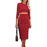 PRETTYGARDEN Women's Long Sleeve Midi Bodycon Dresses Casual Crewneck Cut Out Ribbed Knit Fitted Pencil Dress