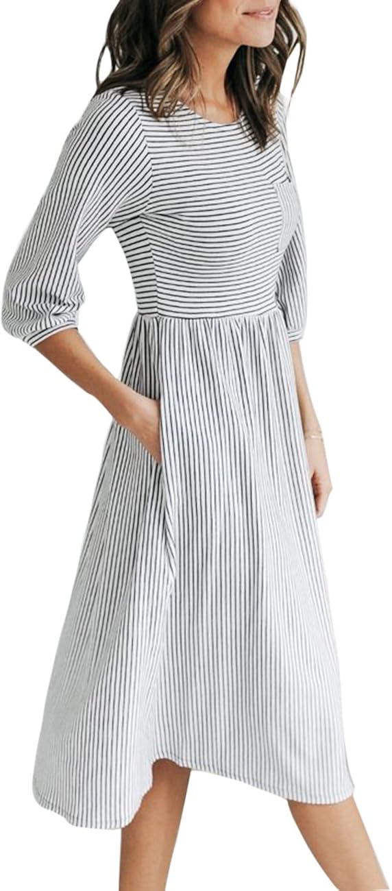 MEROKEETY Women's 3/4 Balloon Sleeve Striped High Waist T Shirt Midi Dress with Pockets at  Women’s Clothing store