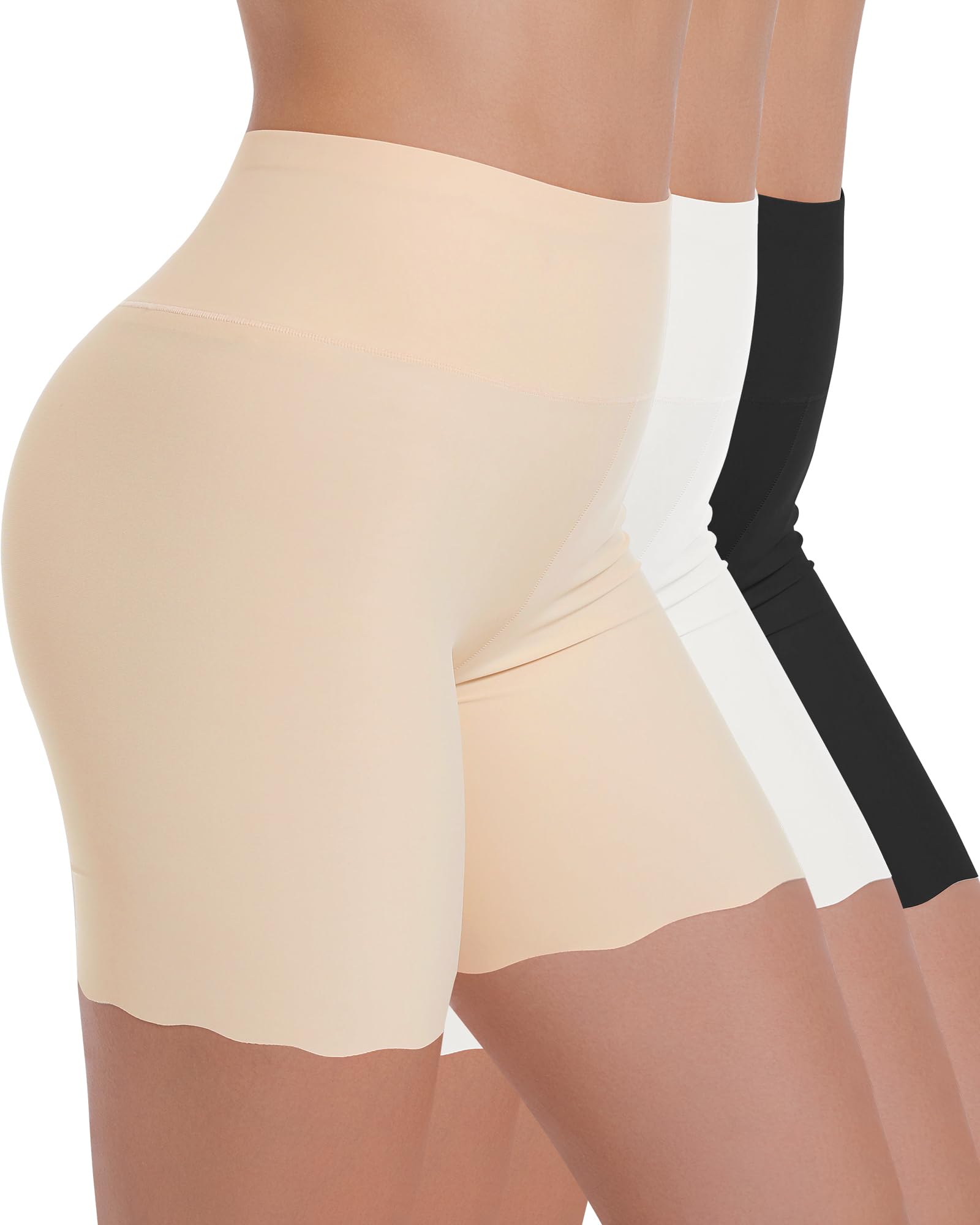 Photo 1 of Blueinn High-Waisted Slip Shorts for Under Dresses Women Anti Chafing Cooling Shorts Boyshorts with Scalloped Bottom bk+be+wh-XL