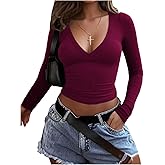 SweatyRocks Women's Long Sleeve Deep V Neck T Shirts Slim Fit Going Out Y2k Tops 2026 Fashion Clothes