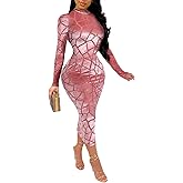 Uni Clau Women Sexy Sheer Mesh Boydcon Midi Dress See Through Printed Long Sleeve Midi Skinny Clubwear Party Dress