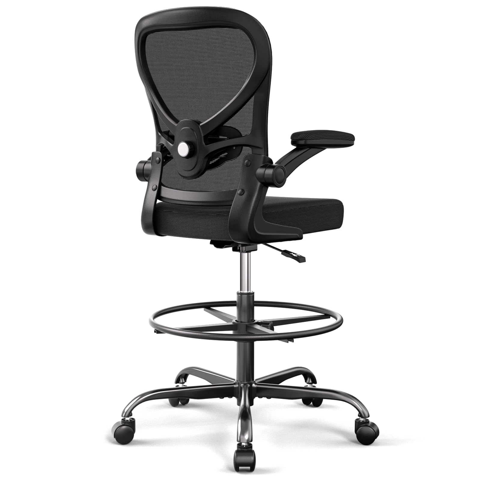 Photo 1 of Alolo Drafting Chair,Big and Tall Office Chair with Footrest Ring,Ergonomic Chair for Counter Height and Standing Desk Comfy with Lumbar Support and Flip-up Armrests in Heavy Rolling Base,Black