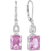 Inpasne Emerald Cut Earrings 925 Sterling Silver Baguette Birthstone Dangle Drop Leverback Earrings Jewelry Gifts for Women