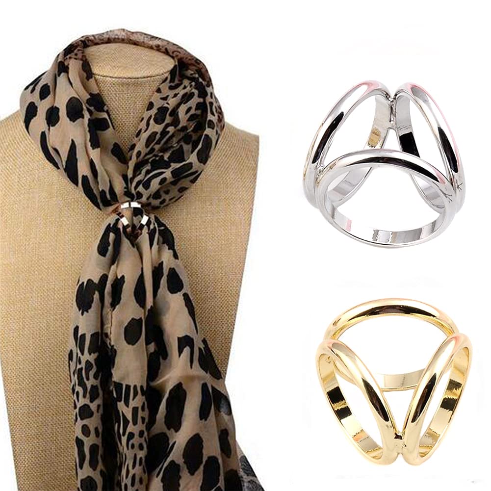 2Pcs Women Fashion Three Rings Scarf Ring Scarf Buckle Silk Scarf Clasp Clips Clothing Wrap Holder (Silver+Golden)