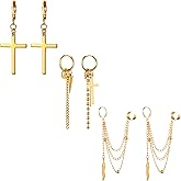 Cupimatch 3 Pairs Hoop Dangle Earrings Stainless Steel Huggie Hinged Chain Feather Cross Pendant Hoop Earrings