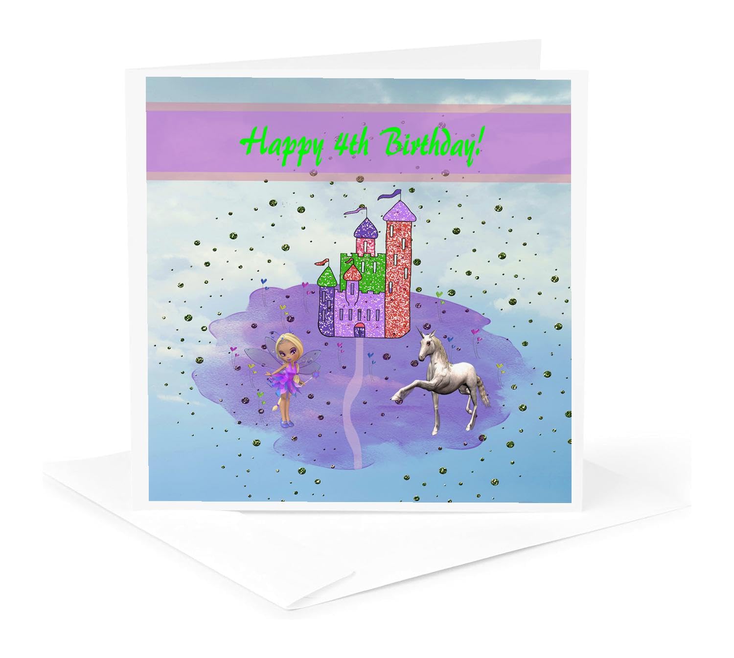 3dRose gc_180771_5 6 x 6-Inch Glitter Look Castle With Fairy Princess And Unicorn Happy 4Th Birthday - Greeting Card