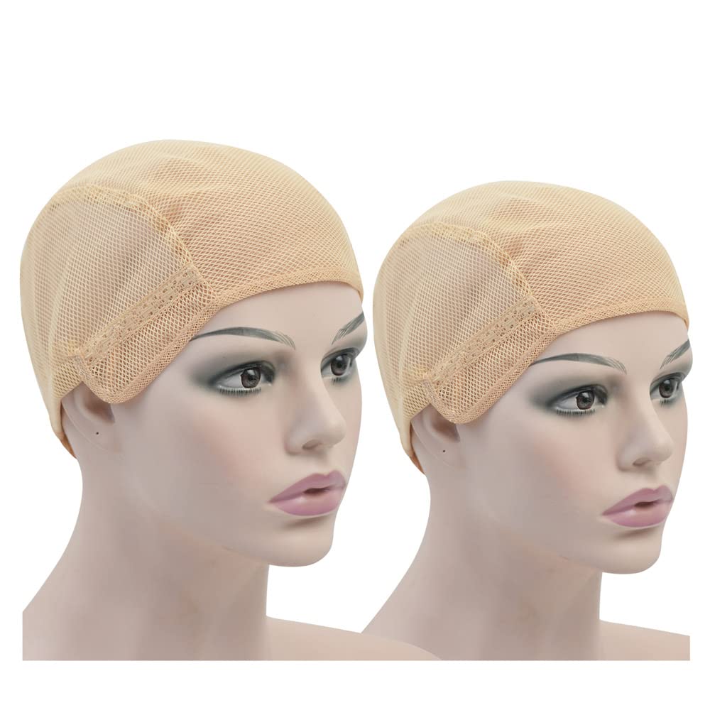 2 Pcs Stretch Wig Caps for Making Wigs Mesh Weaving Caps with Adjustable Straps for Making Wigs Front double mesh (Beige M)