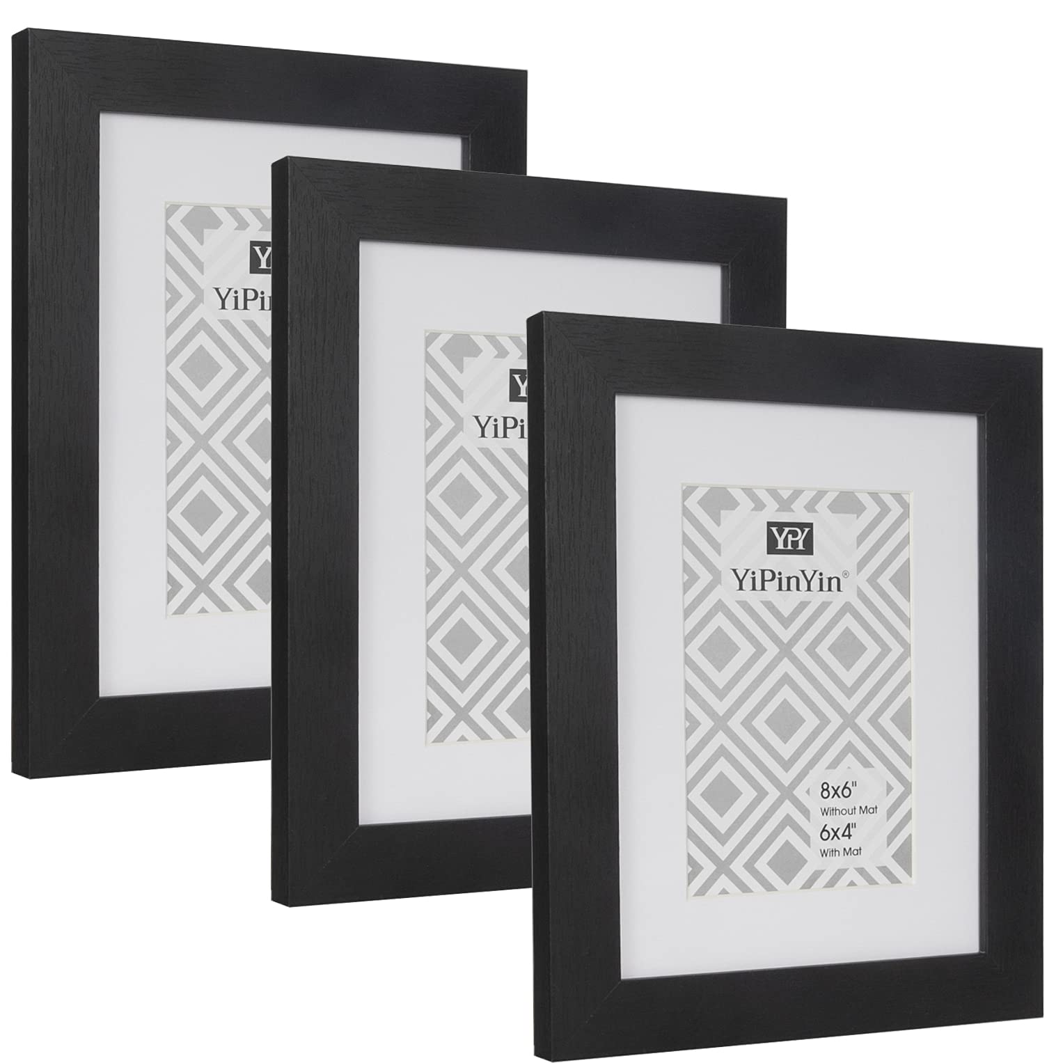 6 X 8 ''/ A5 Black Photo Frame Set Of 3 With Mount for 6 x 4'', A5 Garllery Picture Frame/Width 2.5cm, 4 x6 Inch photo frame with Wooden grain texture and Perspex Window For Wall or Desk Décor — image 1
