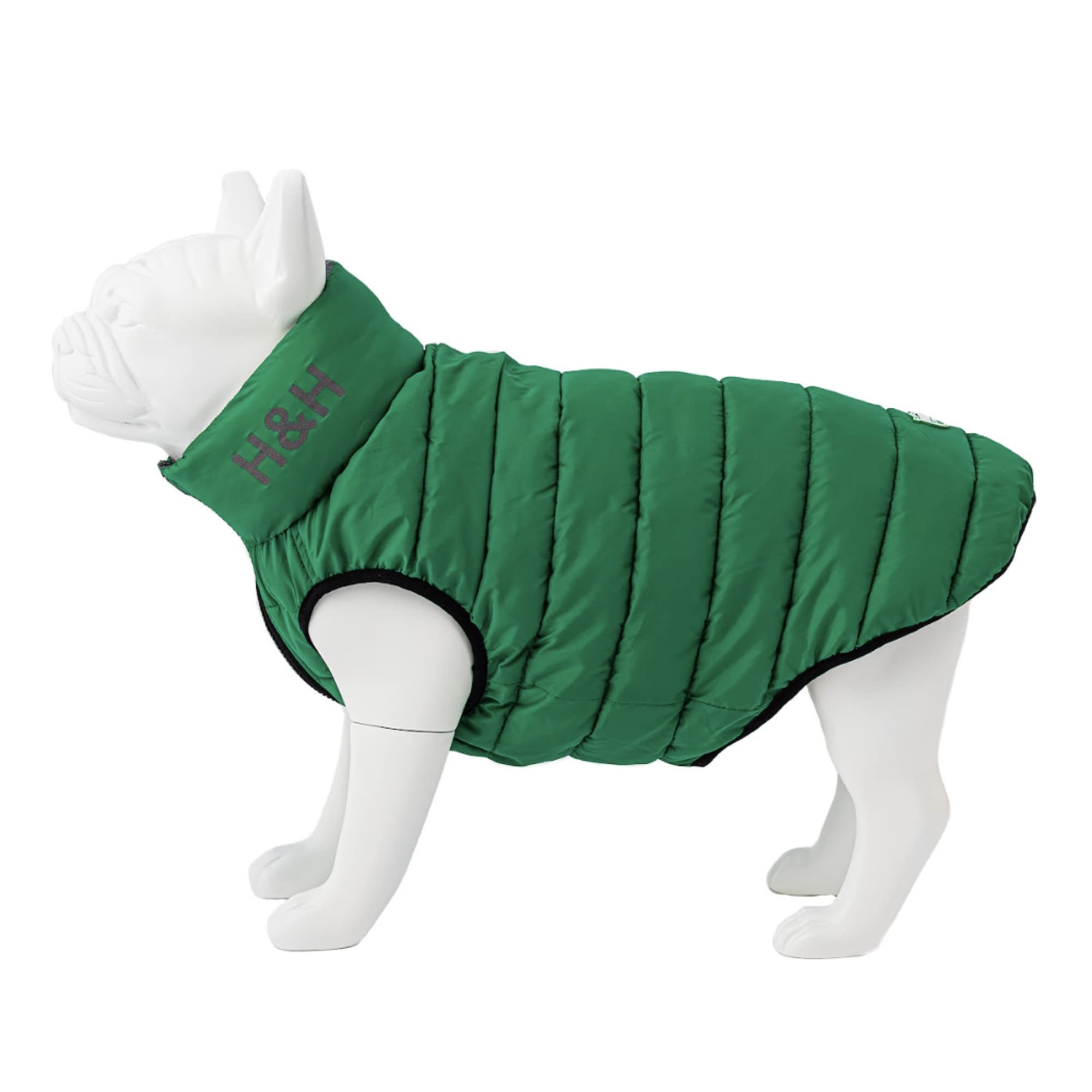 HUGO & HUDSON Reversible Dog Puffer Jacket, Windproof Water Resistant Coat, Dark Green & Grey, M47