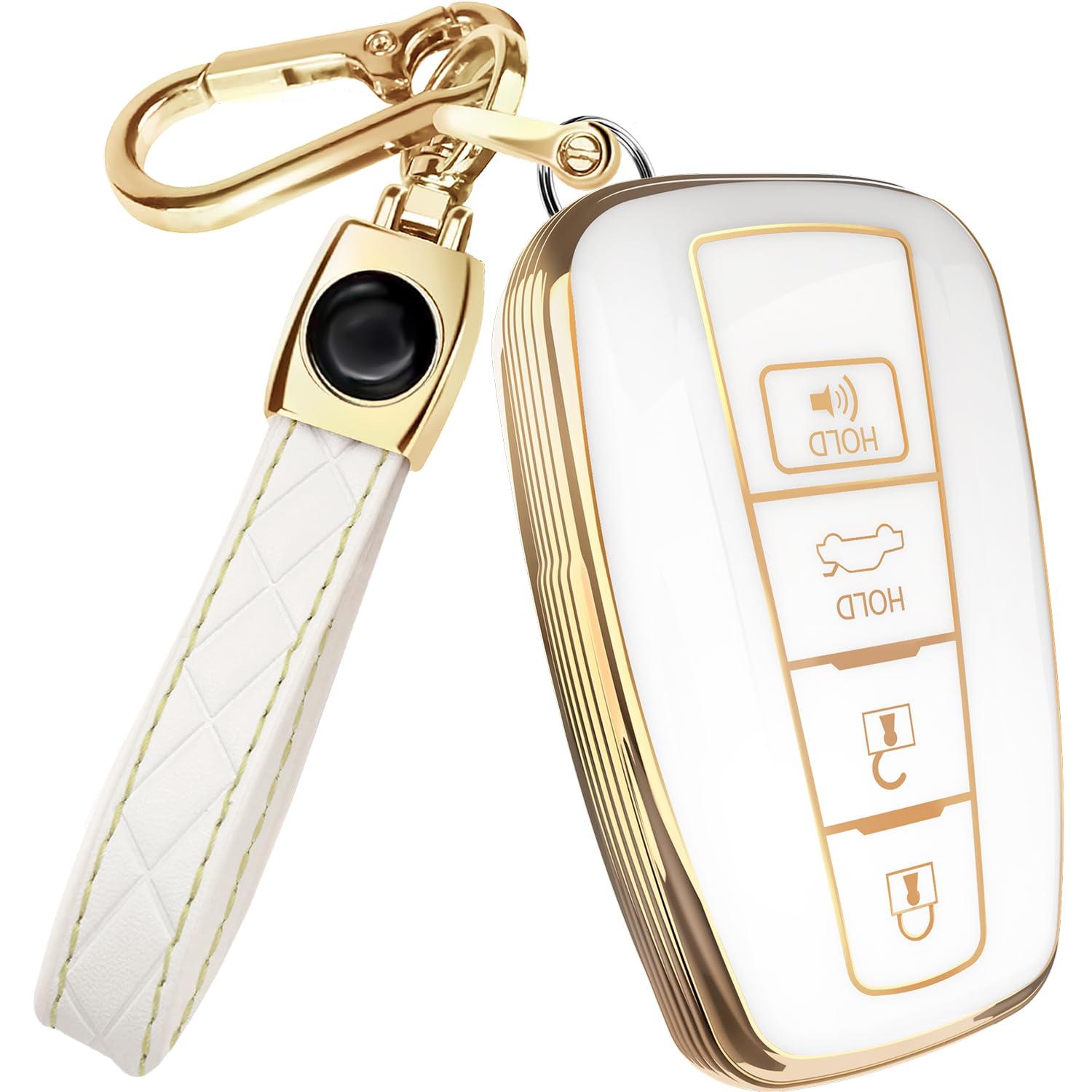 Photo 1 of Lucrum for Toyota Camry Key Fob Cover and Leather Keychain - TPU Key Case for Toyota Corolla, RAV4, Avalon, Prius, C-HR - 2019-2024 Keyfob Cover Compatible with HYQ14FBE - White and Gold