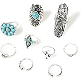 Caiyao Retro Turquoise Ring Set for Women Vintage Western Rings Jewelry Bohemian Summer Beach Rings for Teen Girls Silver Turquoise Knuckle Stacking Rings
