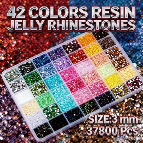 37800PCS Resin Jelly Rhinestones Kit for Bedazzling, 42 Colors 3mm DIY Bulk Resin Gems with 3 Glues Pickup Pen & Tweezers, Multicolor Bedazzling Gems for Nail Art Tumblers Shoes & Clothing DIY Craft