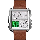 SKMEI Men's Digital Sports Watch, LED Square Large Face Analog Quartz Wrist Watch with Multi-Time Zone Waterproof Stopwatch