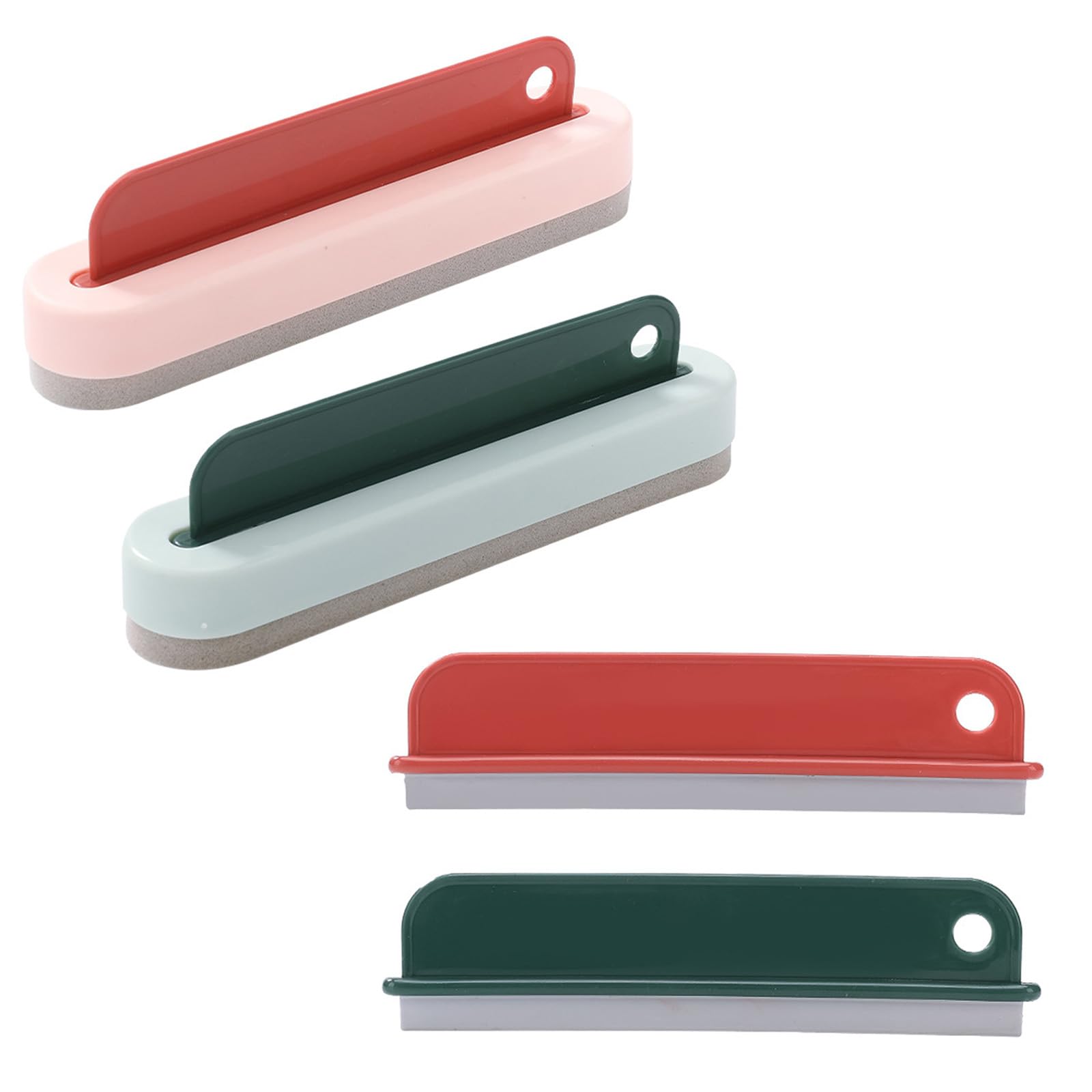 Eowppue 6-Piece Window Squeegees & Glass Brush 2-in-1 Glass Cleaning Tool-Soft Silicone Blade for Bathrooms, Kitchens, Windows （Pink & Green)