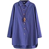 Minibee Women's Cotton Shirts Tunics Hi Low Tops Boyfriend Button Down Blouse