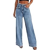 LBDLONGBIDA Women's Wide Leg Jeans Stretchy High Waisted Baggy Jeans 2026 Trendy Loose Fit Frayed Raw Hem Denim Pants