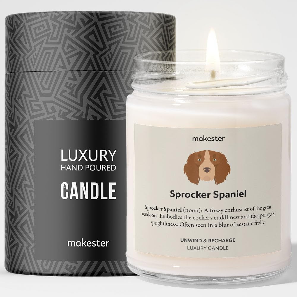 Sprocker Spaniel Gifts - Luxury Soy Wax Candle - Vanilla, Jasmine, Sugared Almond - Makester