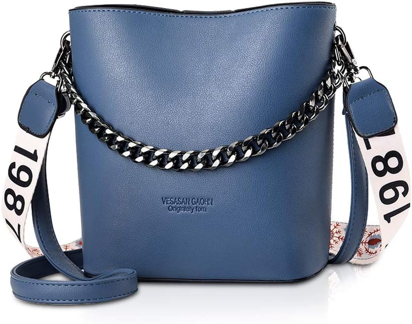 NICOLE & DORIS Women Handbags Small PU Leather Bucket Bag Designer Punk Hobo & Shoulder Chain Bags for Ladies Zip Closure Navy Blue