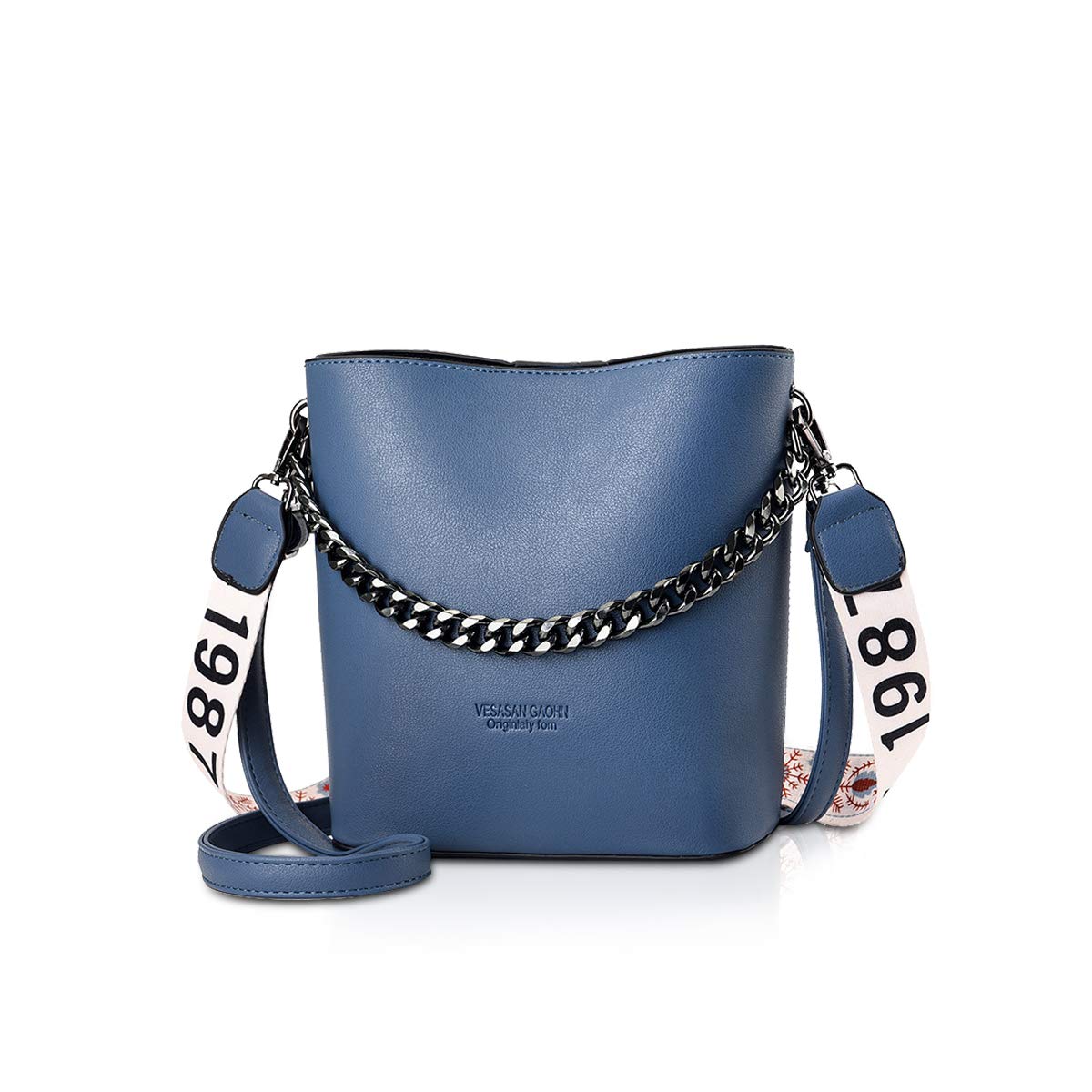 NICOLE & DORIS Women Handbags Small PU Leather Bucket Bag Designer Punk Hobo & Shoulder Chain Bags for Ladies Zip Closure Navy Blue