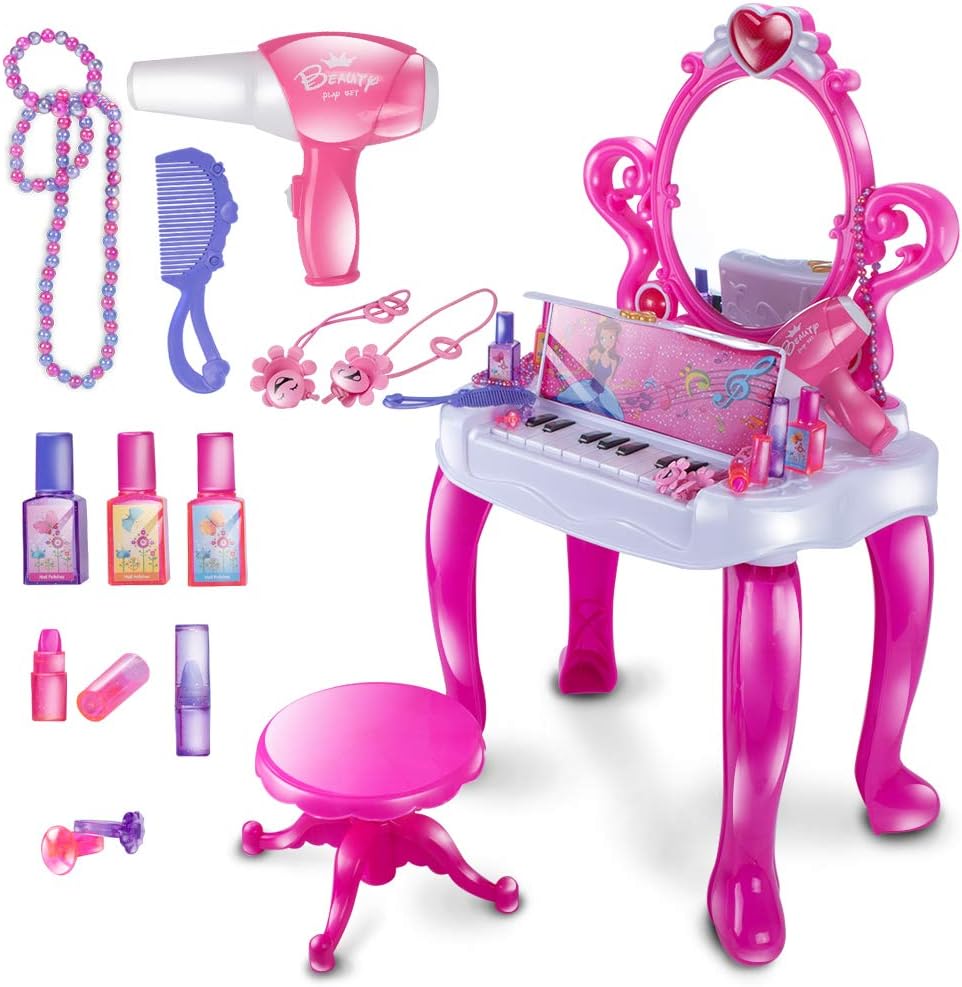 UNIH Kids Vanity with 18 Keys Piano Makeup Table Toy with