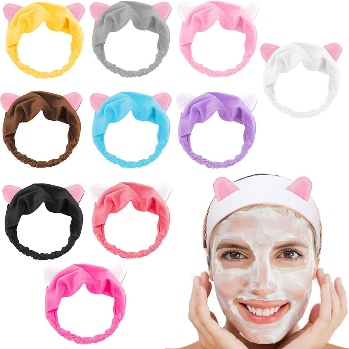 guowanpp Pack of 10 Hair Bands, Spa, Beauty & Cat Ear Headband for Women & Girls - Perfect Headband for Washing Face, Shower, Hair Styling