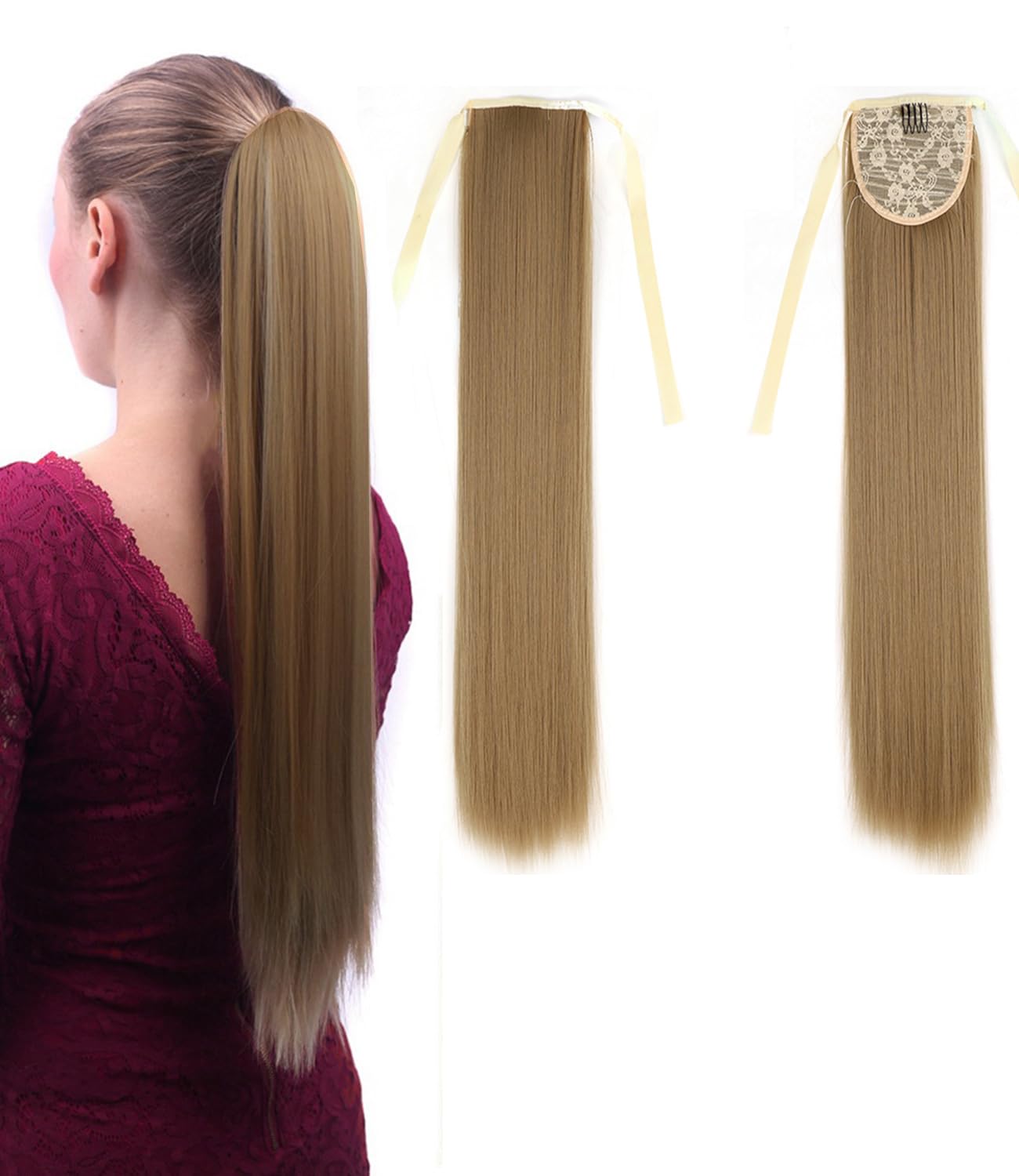 Royalfirst Ponytail Hair Extensions for Women Girls 22 Inch Long Straight Natural Looking Wrap Around Clip in Pony Tails Synthetic Hairpieces (B16#)